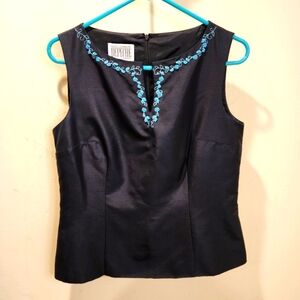 IVES COSSETE Depeche  Navy Blue Satin  Sleeveless Top with Blue Embroidery
